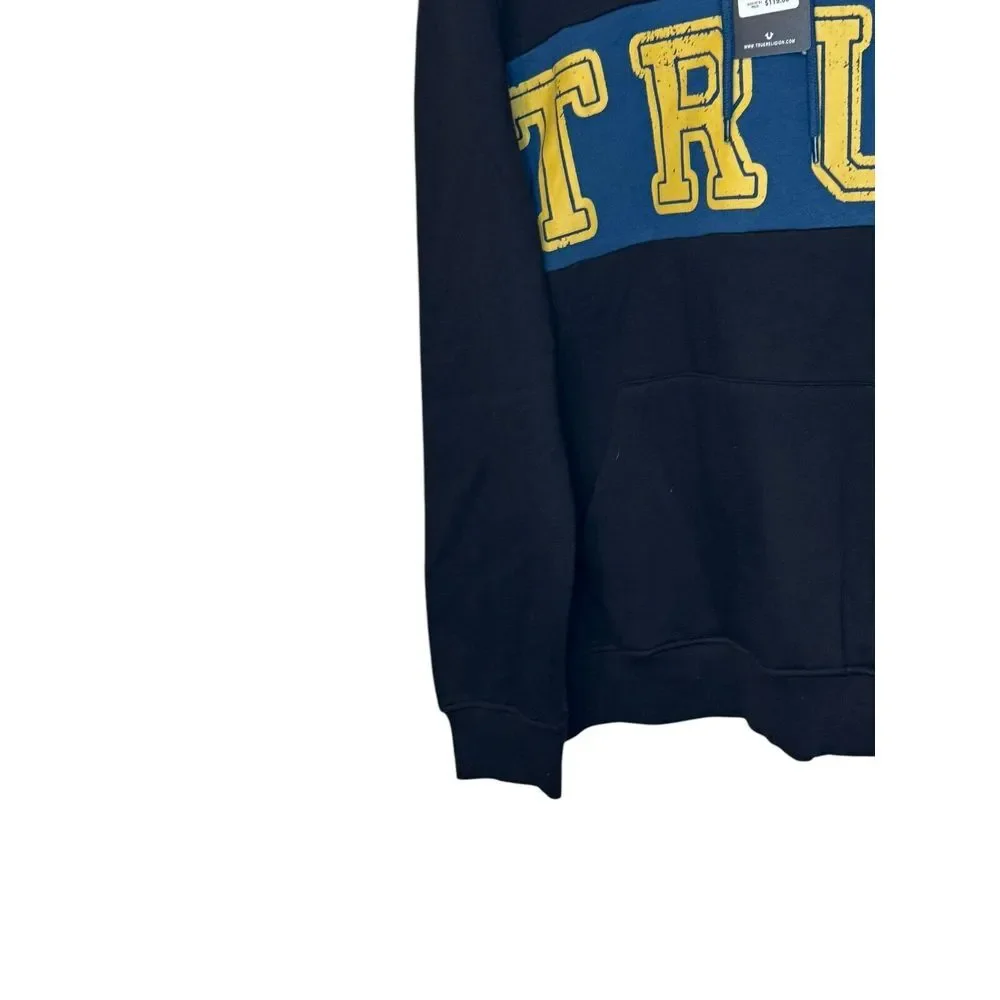 True Religion Men's Sweater Hoodie Contrast Panel Pullover Logo Black Large‎ NWT